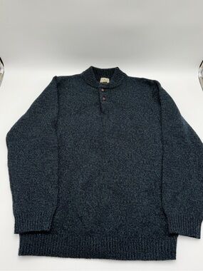 L.L.Bean Mens XL Tall 100% Lambswool Henley Sweater Navy Green Marled Knit